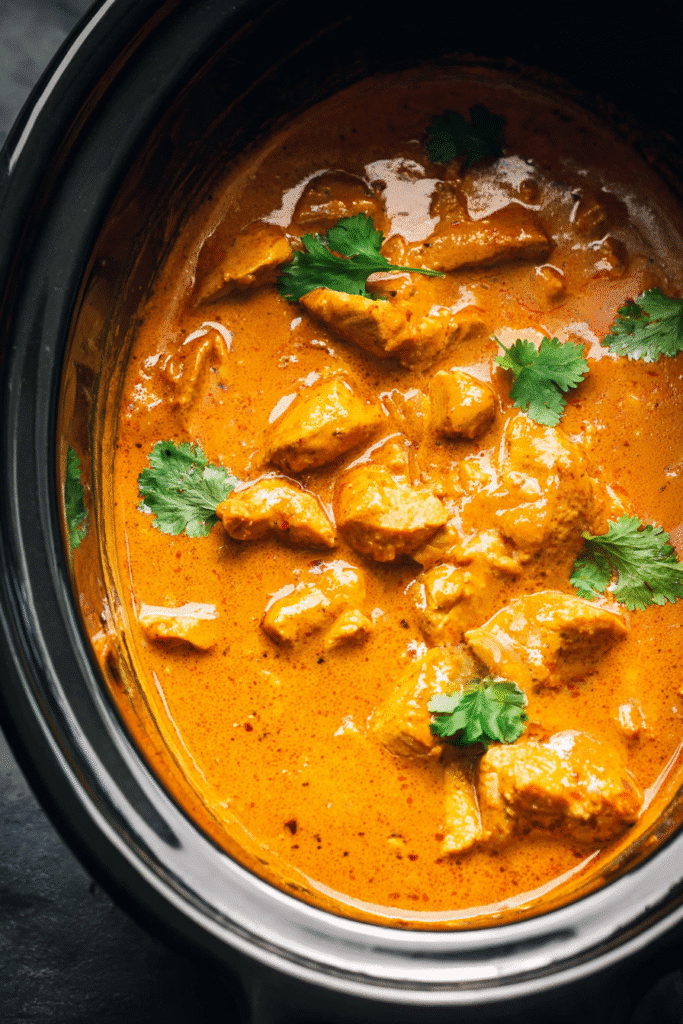 Slow cooker butter chicken simmering in a black crockpot. Creamy orange curry sauce with tender chicken chunks, garnished with fresh cilantro