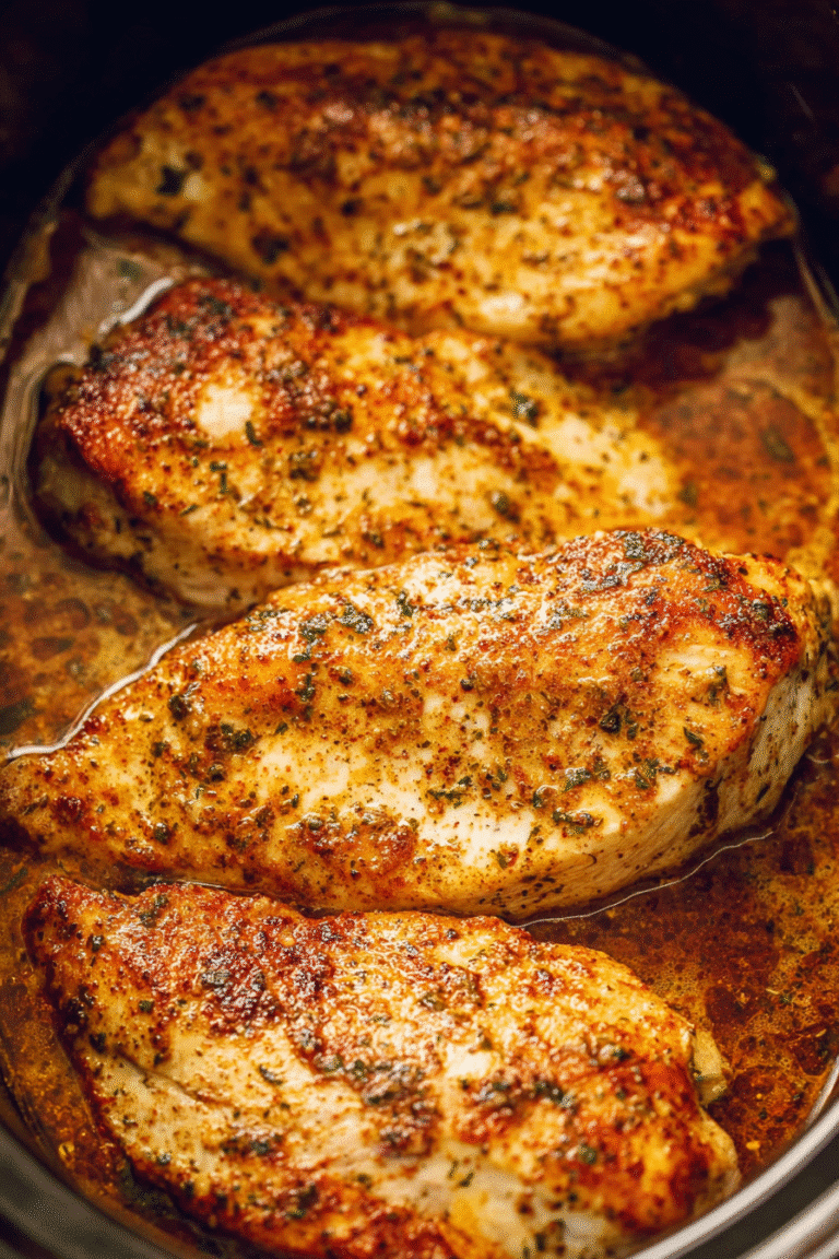 Slow cooker chicken breasts simmering in flavorful juices, tender and golden with a light paprika and herb seasoning