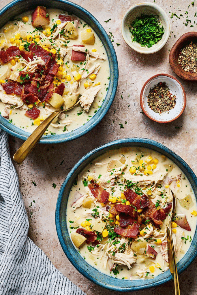 Slow cooker chicken corn chowder served in a blue bowl, topped with shredded chicken, diced red potatoes, crispy bacon, corn, and creamy broth