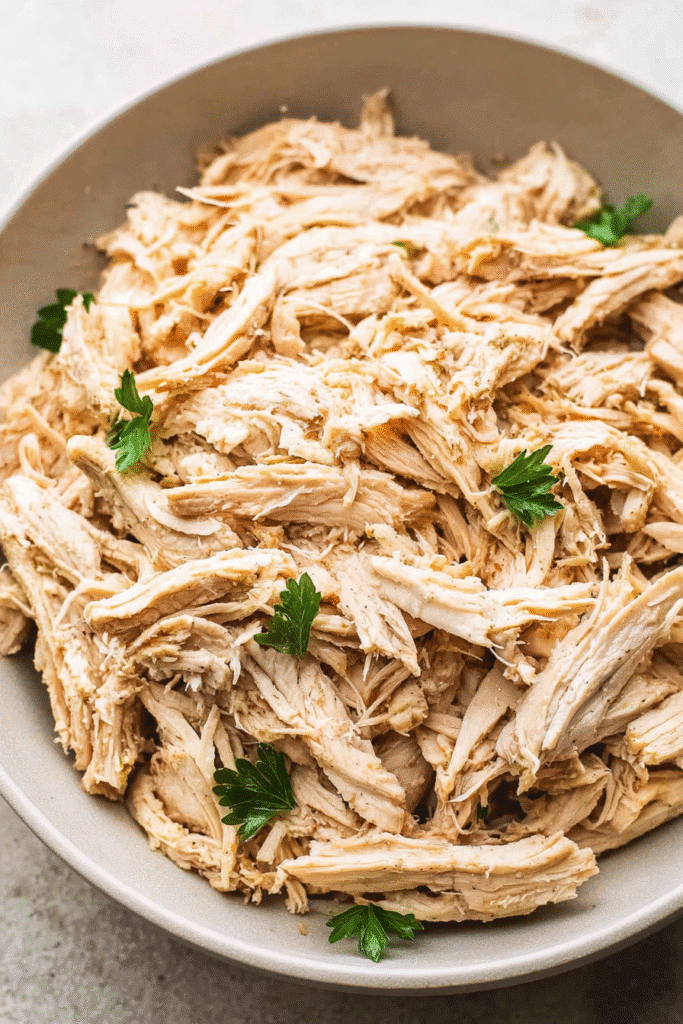 Slow cooker shredded chicken breast, tender and juicy, pulled into fine strands in a light gray bowl.