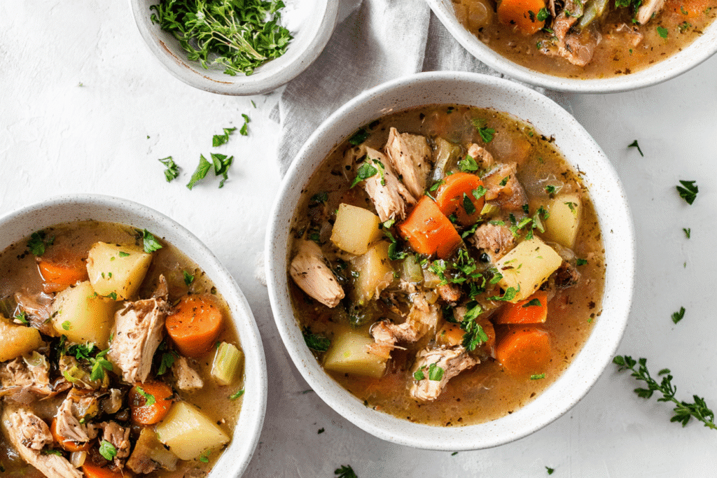 Three bowls of hearty slow cooker chicken stew with tender chicken, carrots, potatoes, celery, onions, and herbs in a savory broth. Garnished with parsley, rustic food styling, soft natural daylight,