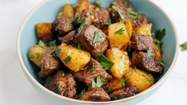 Top-down close-up of a savory beef and potato