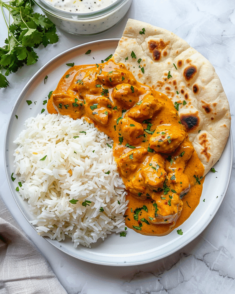 Top-down photo of a plate of creamy orange curry chicken