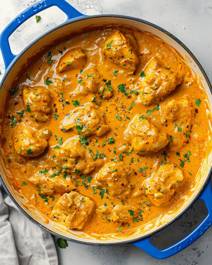 Top-down photo of creamy orange curry chicken simmering