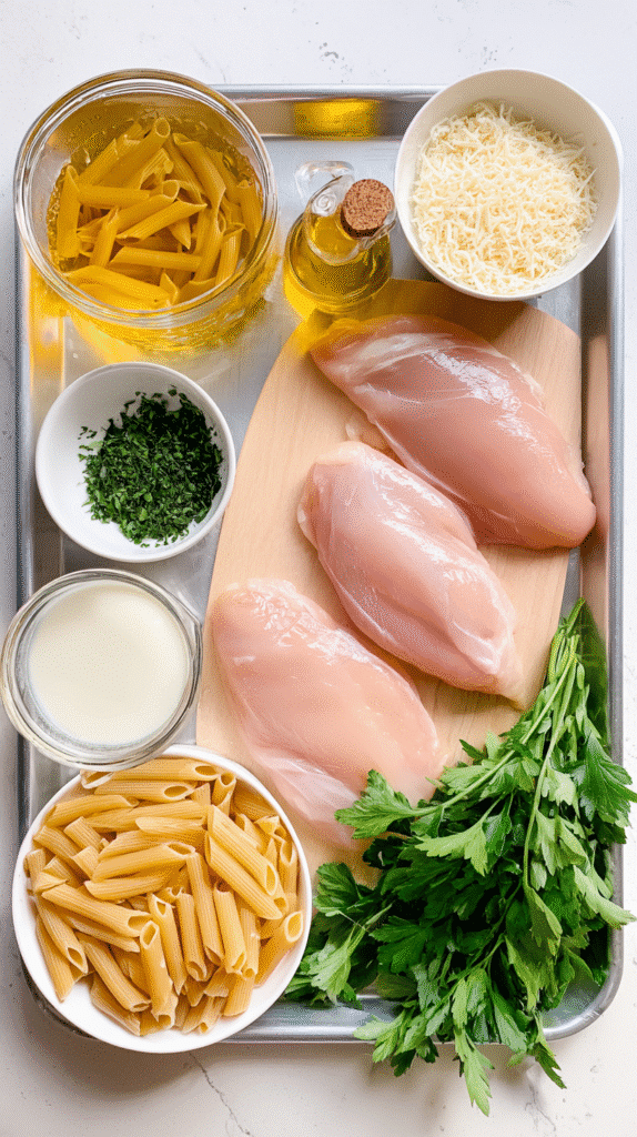 Top-down photo of fresh ingredients for creamy chicken pasta