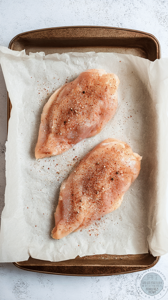Top-down photo of two raw seasoned chicken breasts