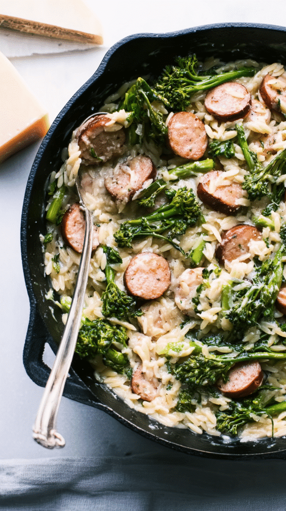 Top-down view of creamy orzo pasta with sausage and broccolini in a black cast-iron skillet