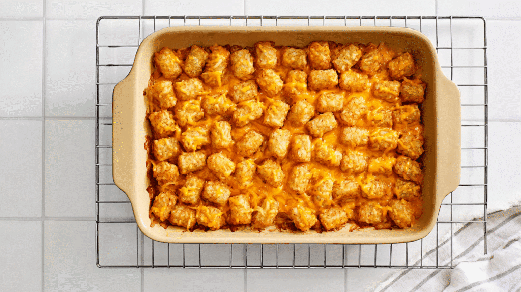 a golden tater tot casserole in a beige ceramic baking dish, crispy browned tater tots covered with melted cheddar cheese