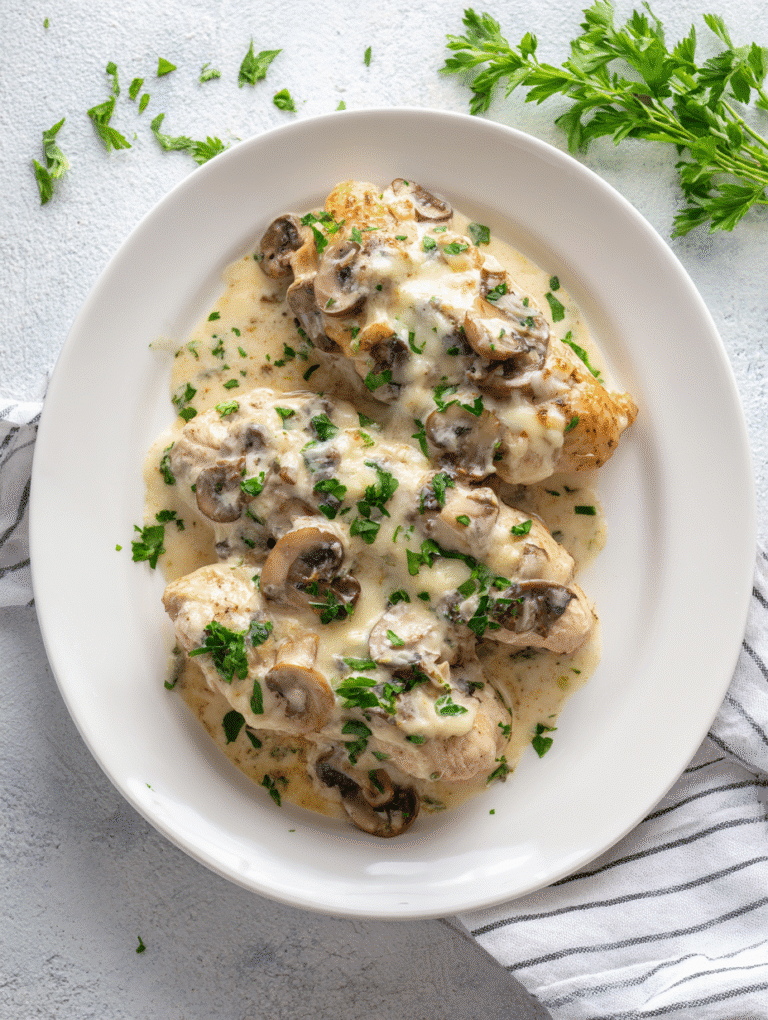 a top down Easy Cream Cheese Chicken served on a white plate tender chicken breasts covered in creamy mushroom sauce and melted mozzarella, garnished with fresh parsley