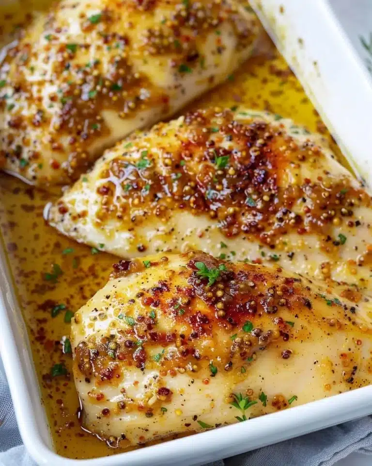 Baked honey mustard chicken breasts garnished with herbs on a plate