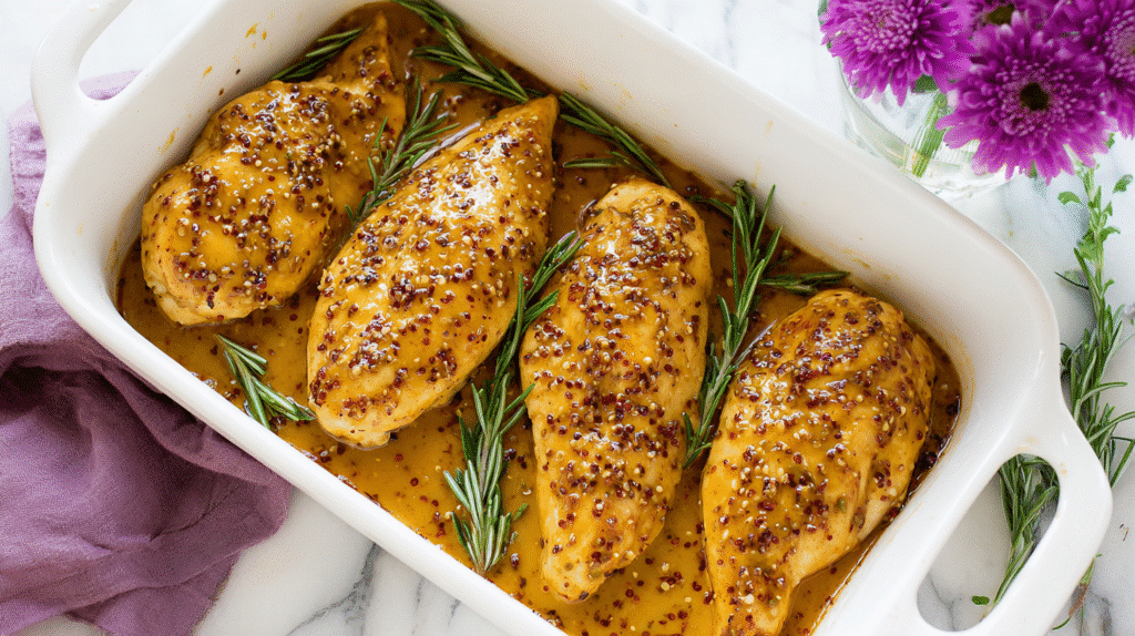 golden baked chicken breasts in a white casserole dish, coated in glossy honey mustard sauce