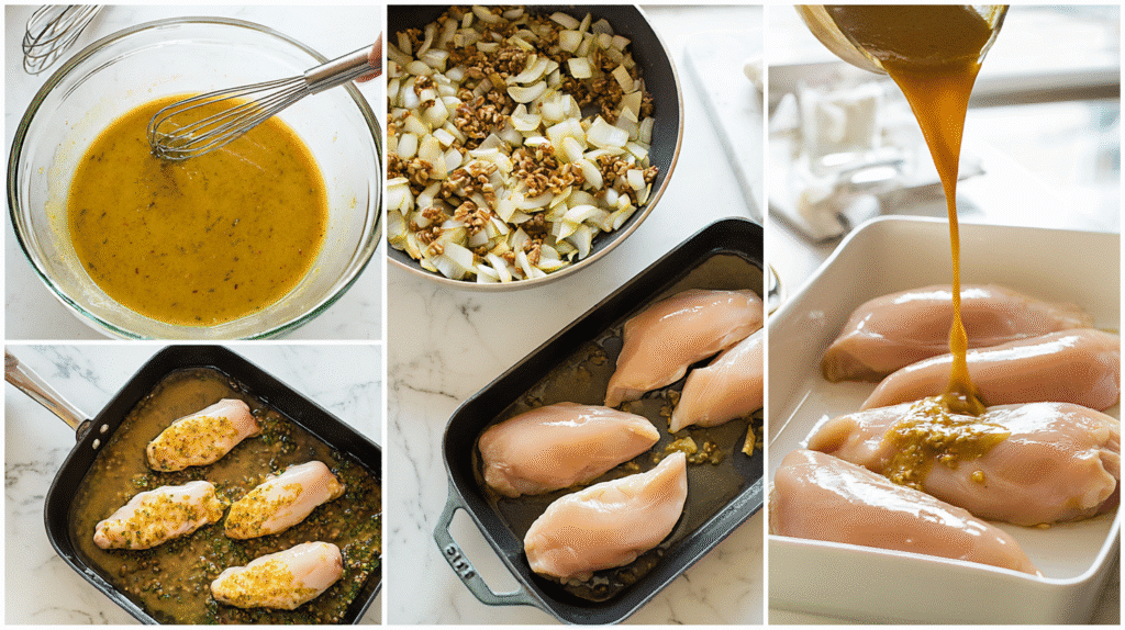 oney mustard chicken preparation, showing whisked mustard sauce in glass bowl