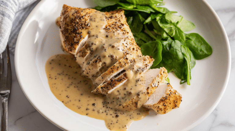 photo of juicy seared chicken breast sliced on a white plate