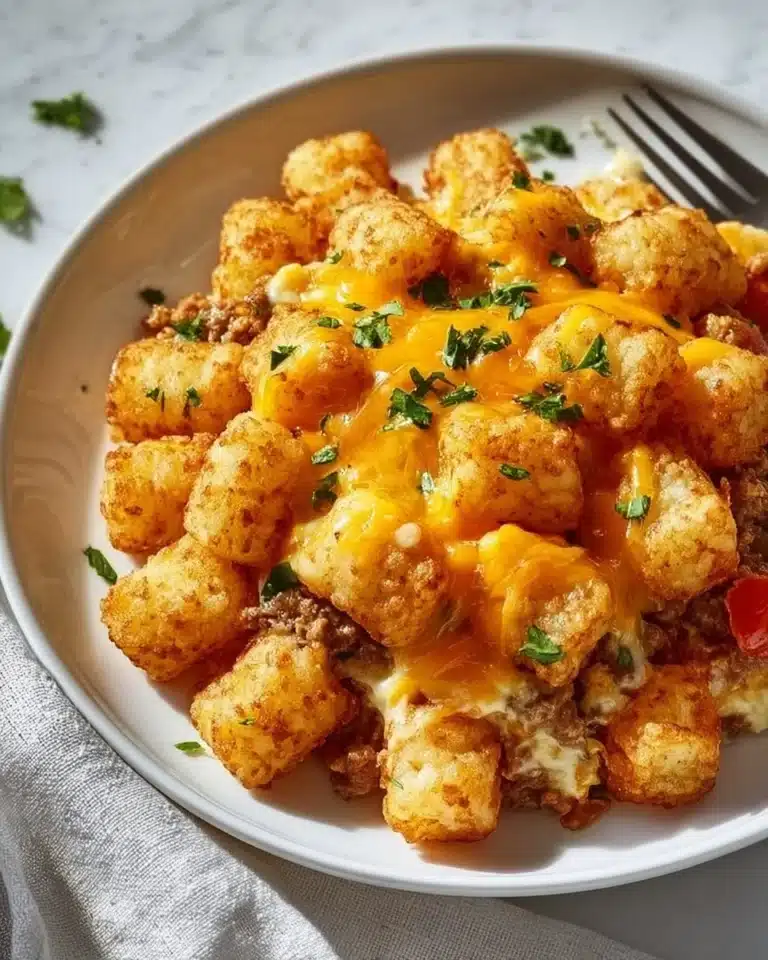 Delicious Tater Tot Casserole topped with crispy tater tots and melted cheese