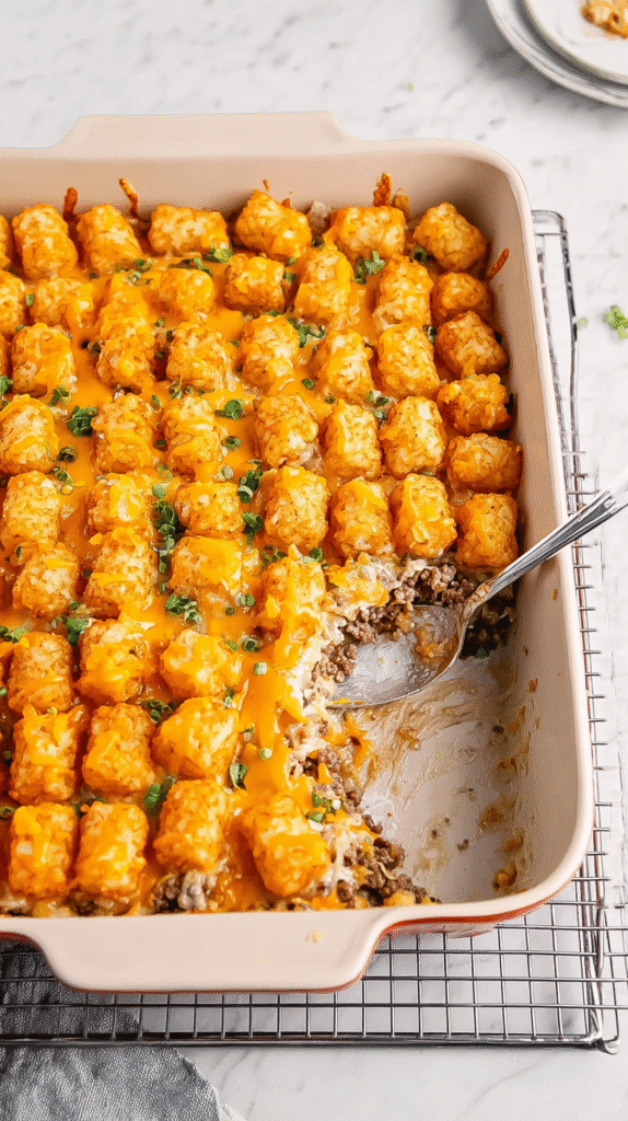 tater tot casserole in a rectangular cream-colored baking dish, golden crispy tater tots topped with melted cheddar cheese and green garnish