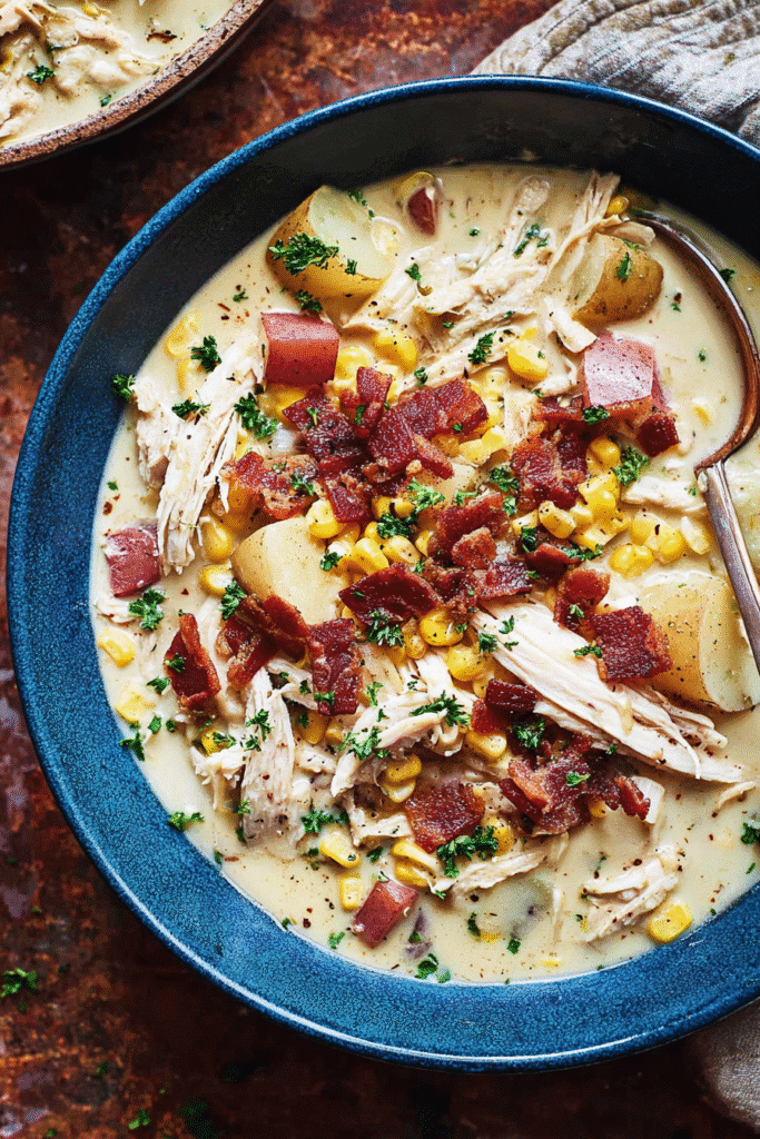 Slow cooker chicken corn chowder served in a blue bowl, topped with shredded chicken, diced red potatoes, crispy bacon, corn, and creamy broth