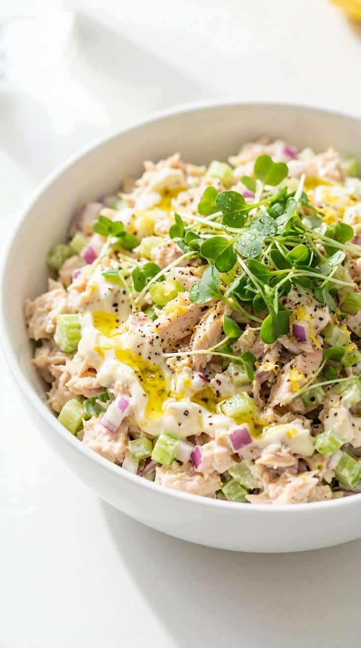 canned chicken salad recipe — hero featured shot — finished dish top-down on white plate